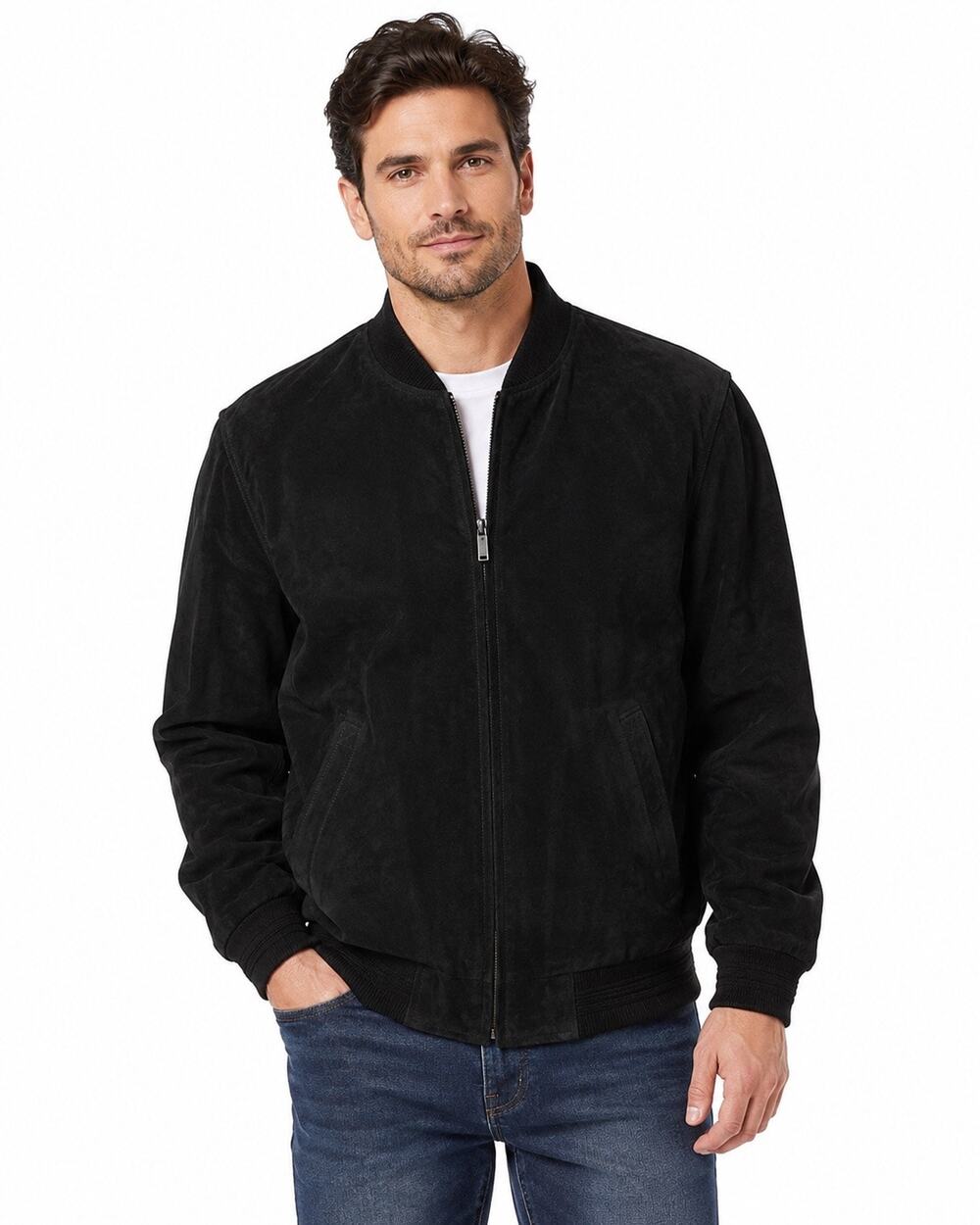 Roundtree & Yorke Men’s Medium Black Genuine Suede Leather Bomber Jacket